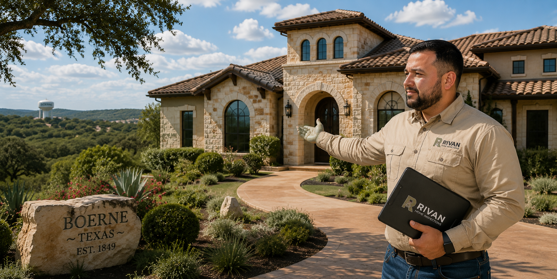 Ivan Rivera with Rivan Home Inspections branding outside a home